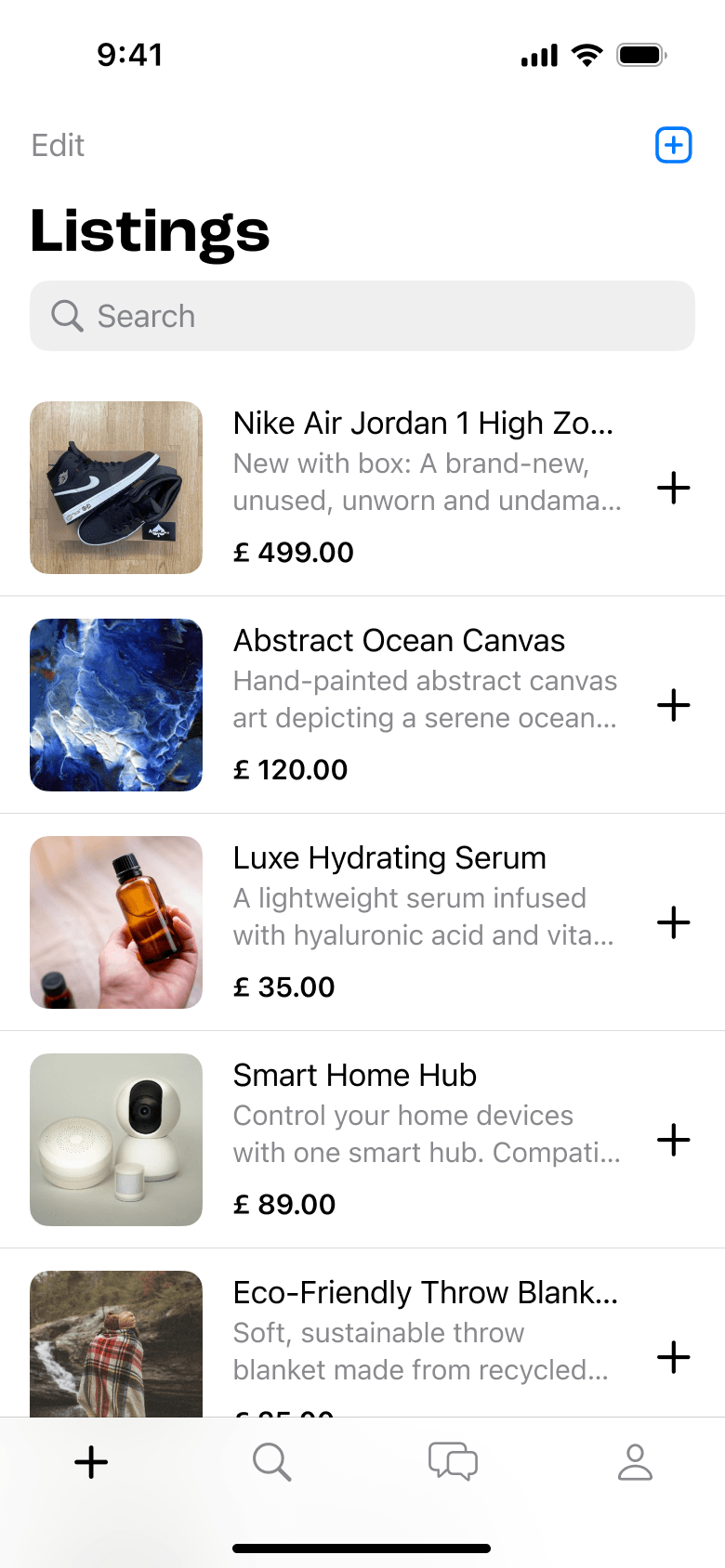 Listings screen with a plus button beside each listing