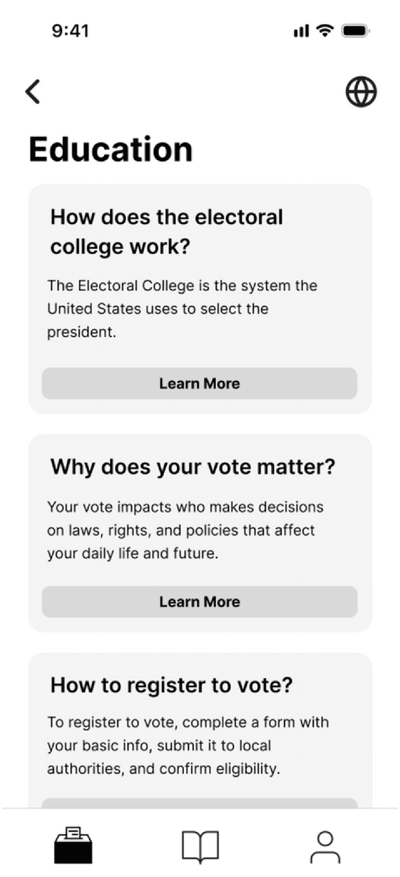 VOTR Education screen explaining the electoral college and how to register