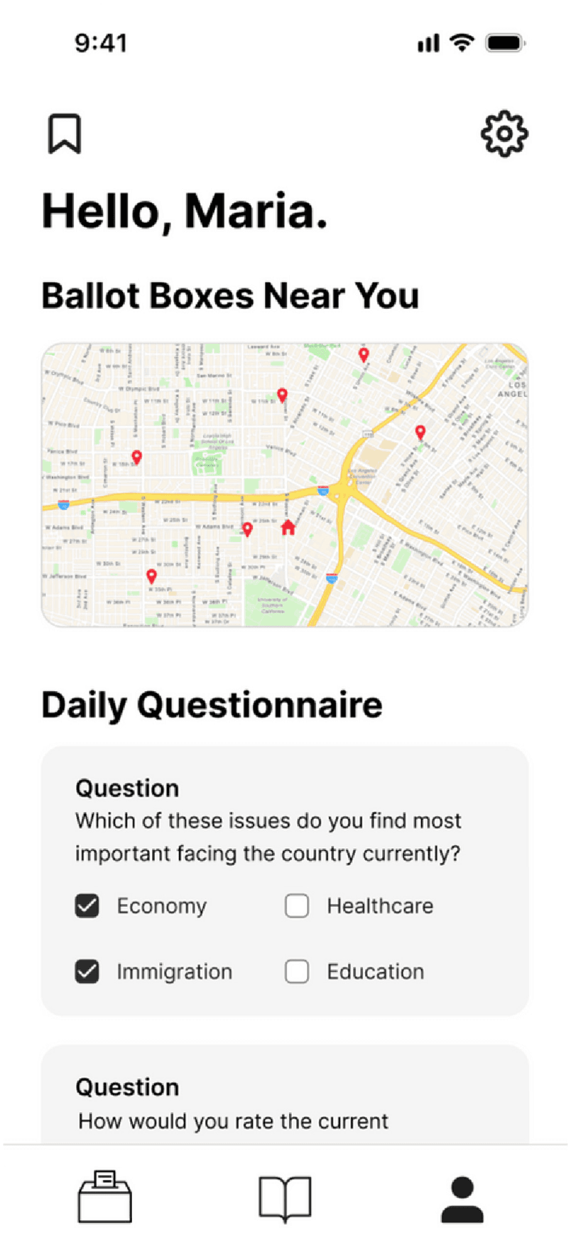 VOTR home screen with nearby ballot boxes and a daily questionnaire