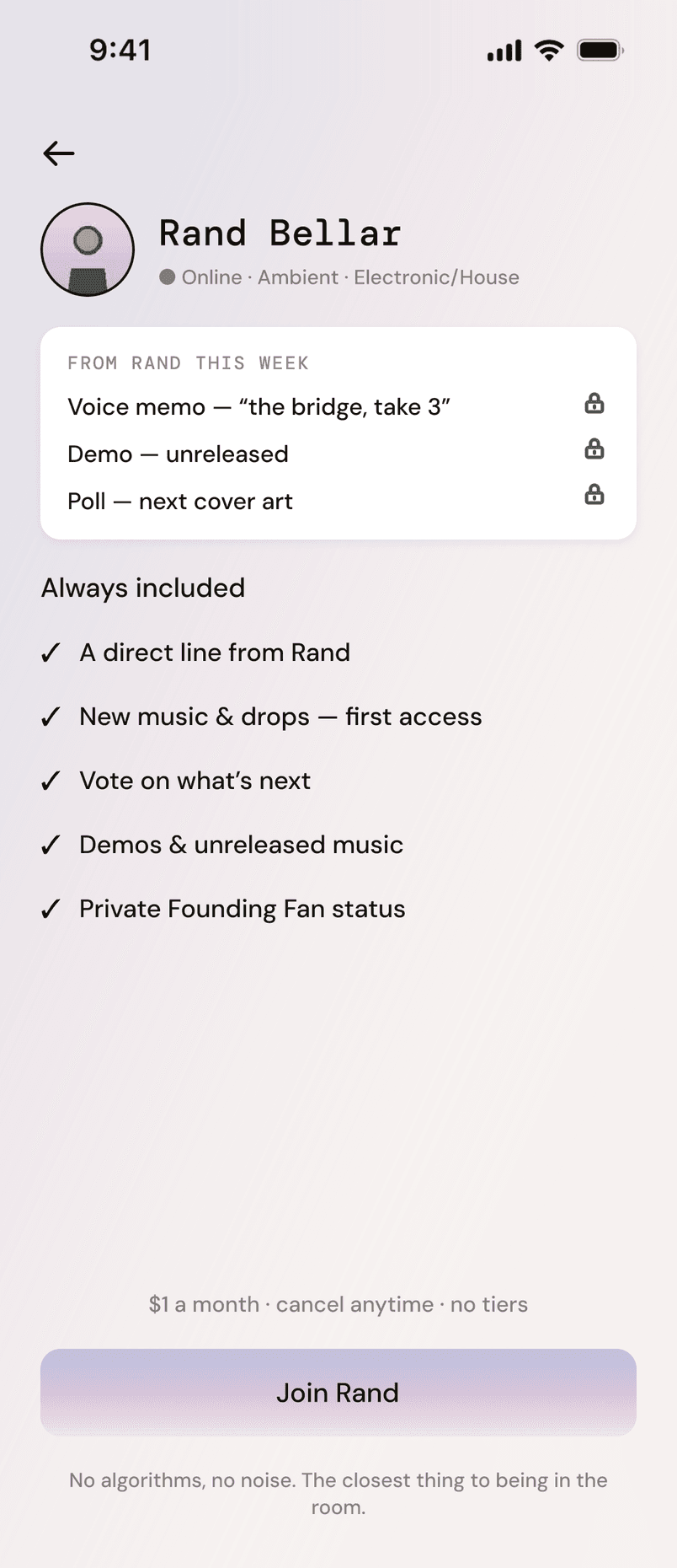 Join offer for an artist: what's included, the price on a quiet line, and a Join button