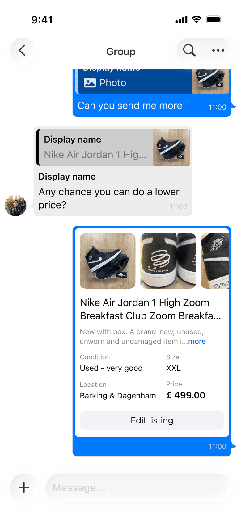 iOS 26 group chat with a shared listing card