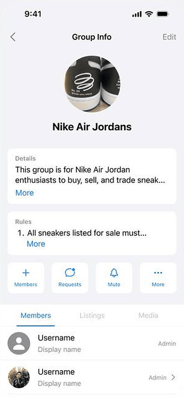 Group info for a Nike Air Jordans group, with a Requests button for admins