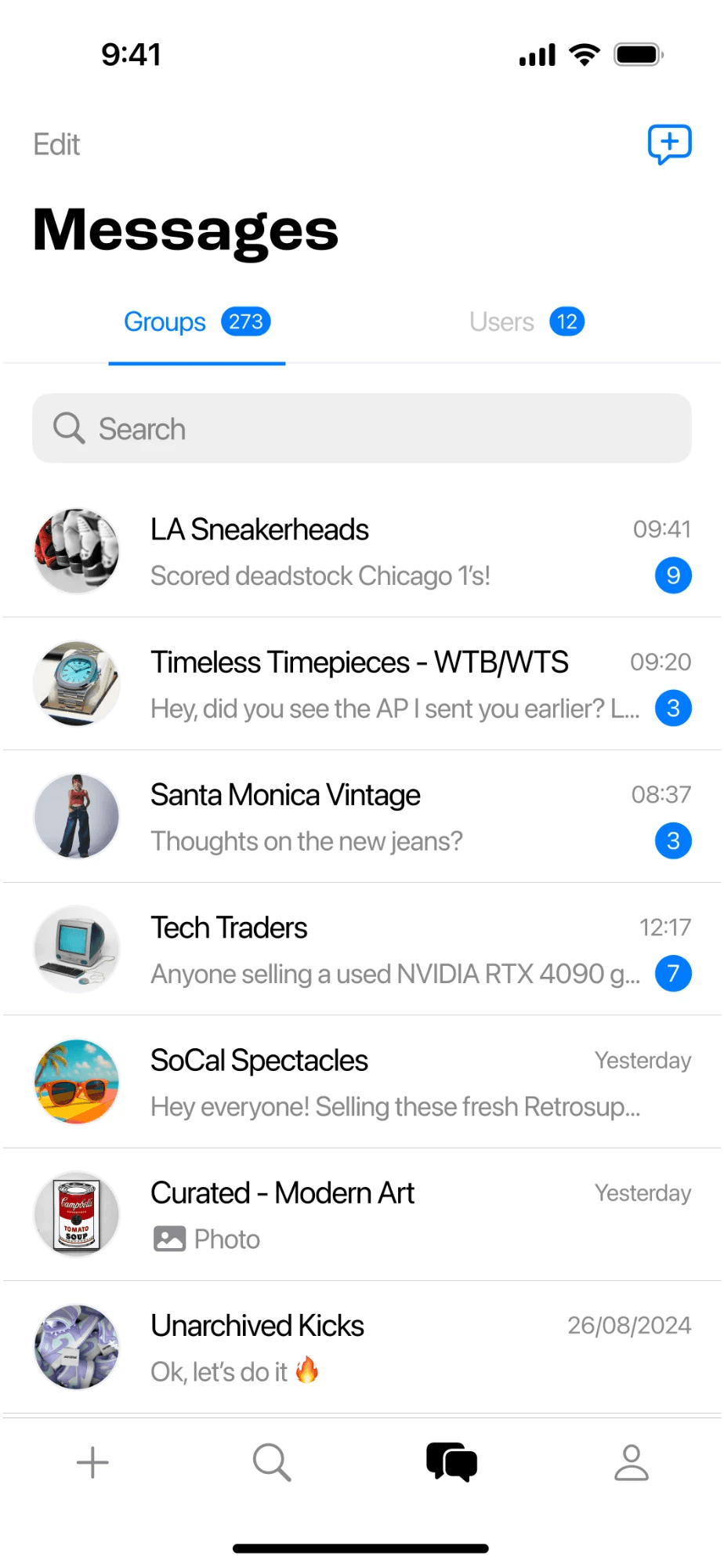 Messages screen listing the group chats a user belongs to