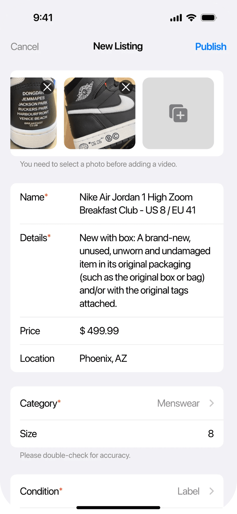 New Listing screen with photos, name, details, price, and location