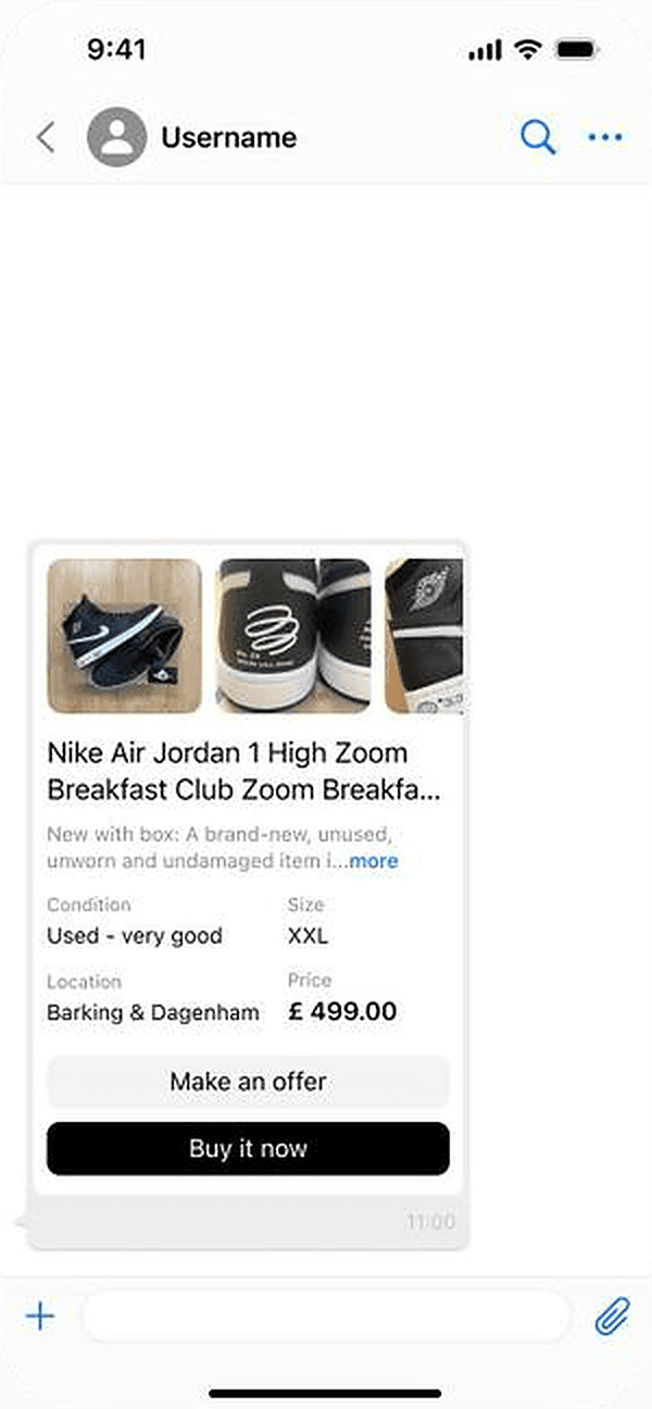 Chat with a listing card showing Make an offer and Buy it now