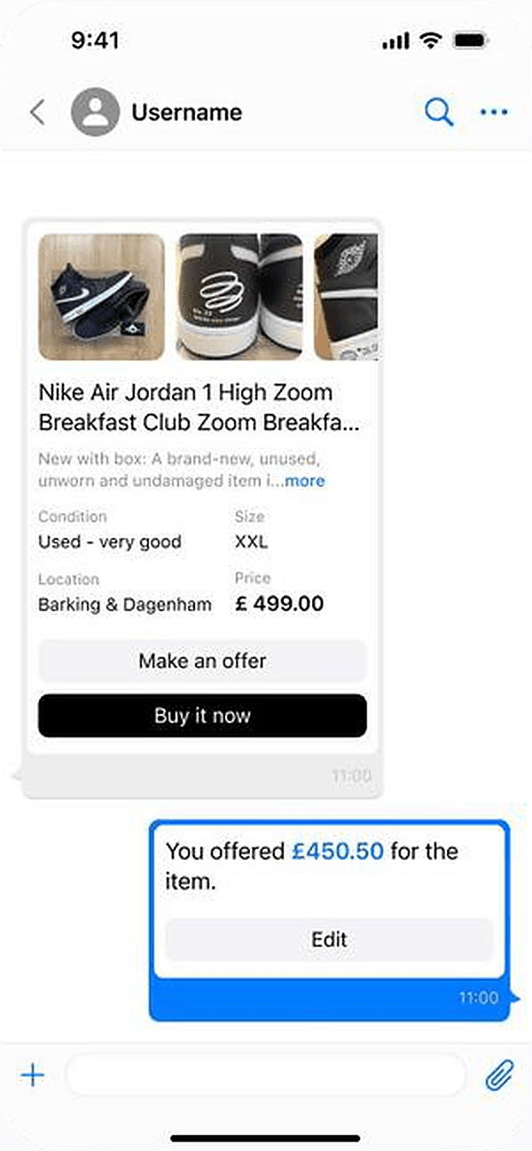 Offer of £450.50 sent in the chat with an Edit button