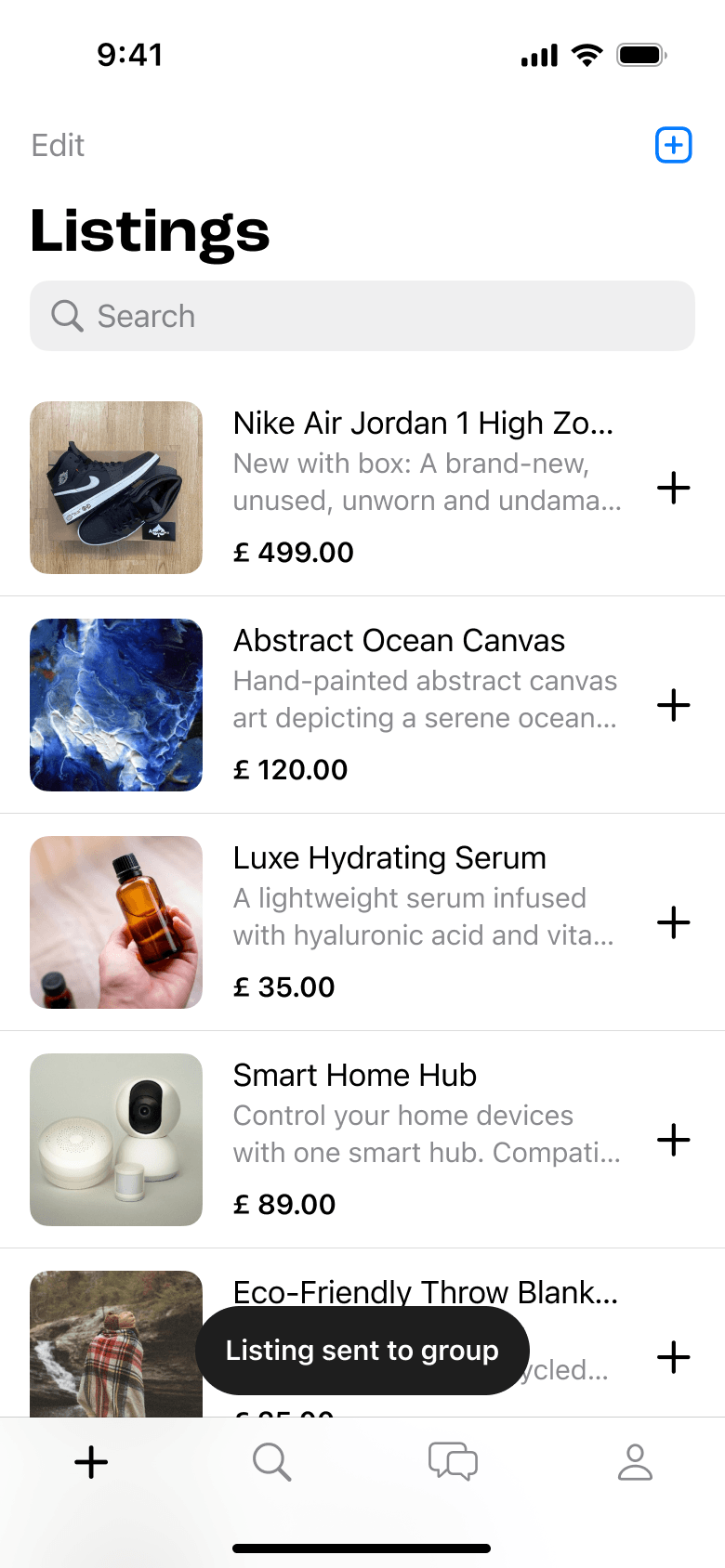 Listings screen with a Listing sent to group confirmation toast