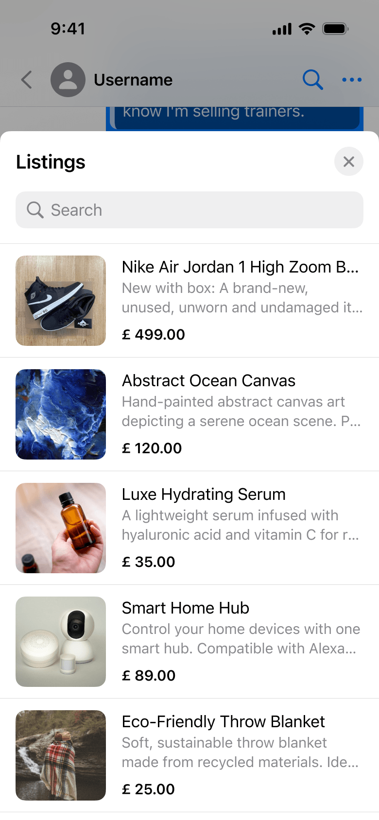 Listing picker sheet opened from inside a chat