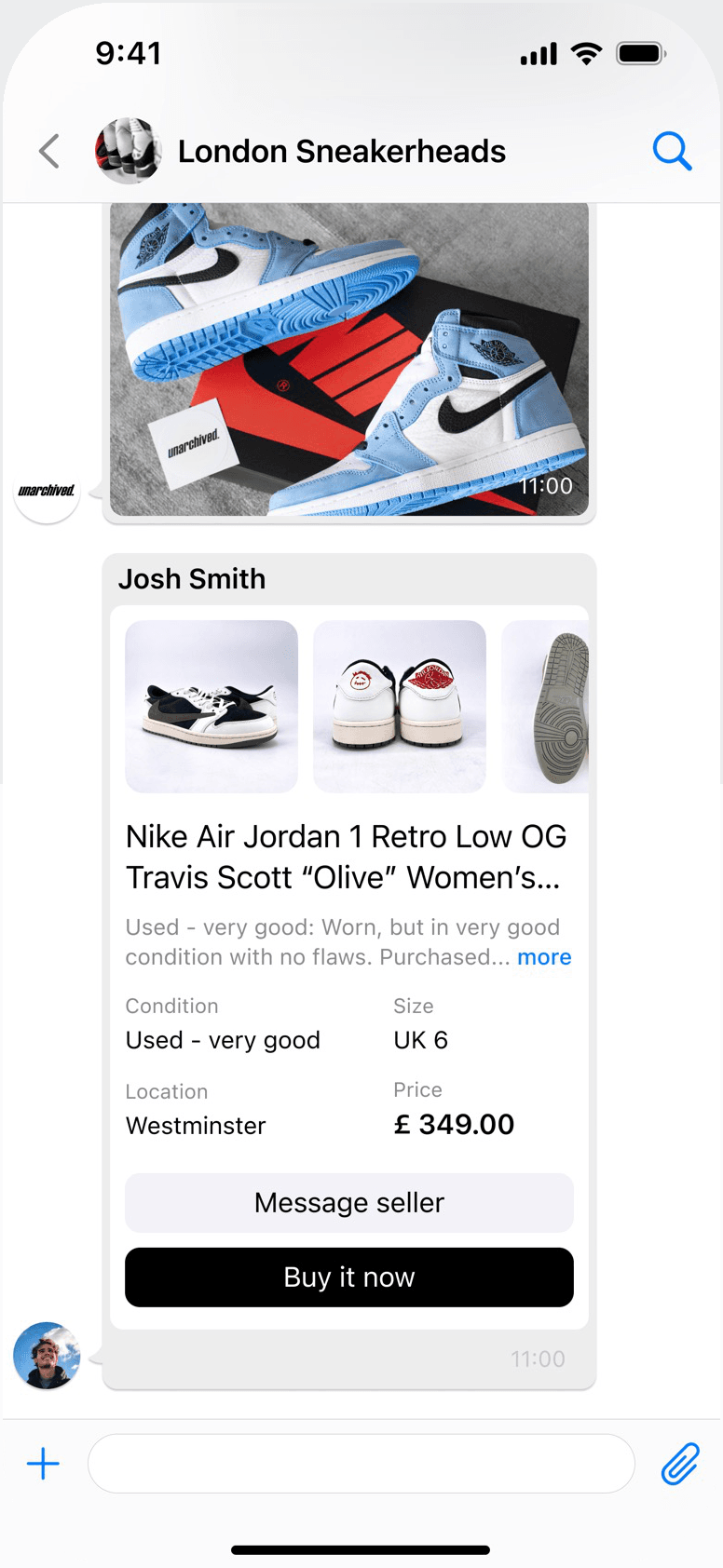 An Addlist group chat with a listing card