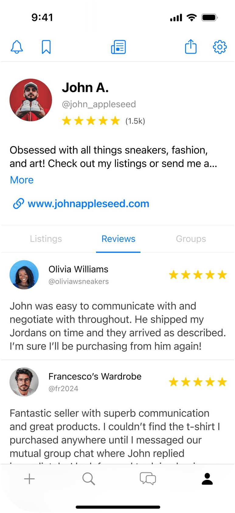 Seller profile with a five-star rating and written reviews