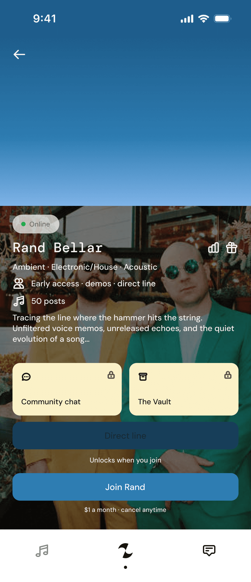 An artist's page in ZuZu with community chat, the Vault, and a Join button