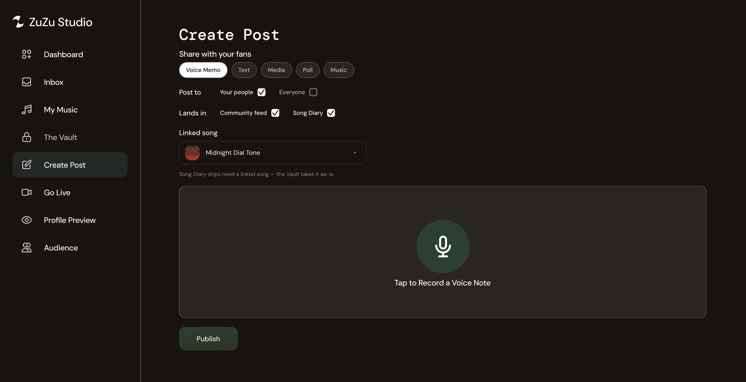ZuZu Studio post composer set to Voice Memo, with a button to record a voice note